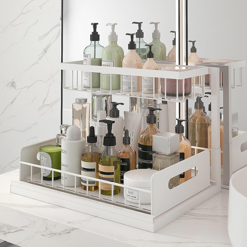 bukfen Under Sink Organizer, Pull Out Cabinet Organizer 2-Tier Slide Out Sliding Shelf Under Cabinet Storage Multi-Use for Under Kitchen Bathroom Sink Organizers and Storage,White,1 Pack