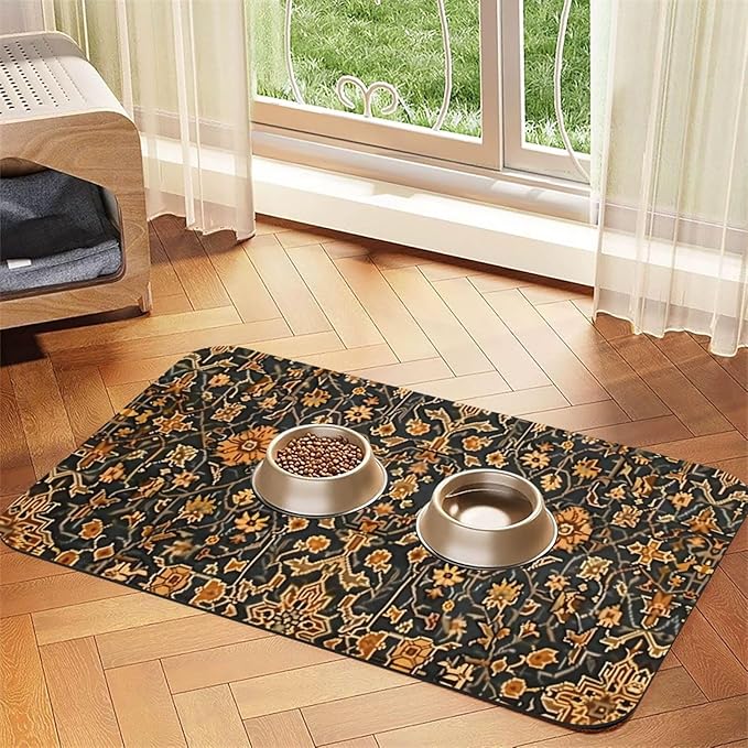 Turkish Carpet Design Dog Food Mat Absorbent Bowl Mats No Stains Quick Dry Waterproof Pet Cat Placemats for Food and Water, 30x45cm