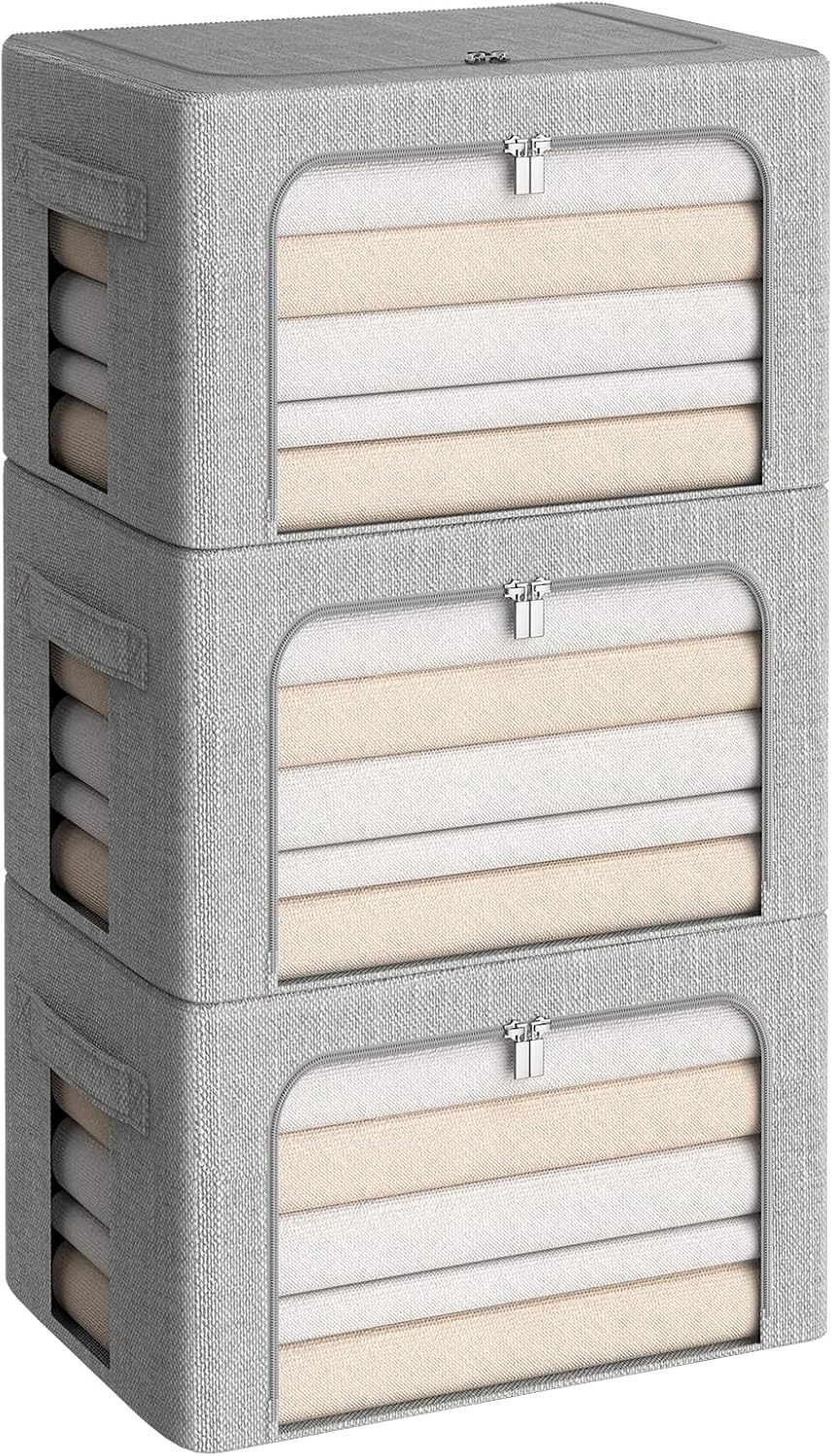 CYhom 3Pack Foldable Storage Bins - Frame Storage Box Linen Fabric Stackable Clothes Container Organizer with Clear Window & Carry Handles Large Capacity (Medium-36L, Light Grey)