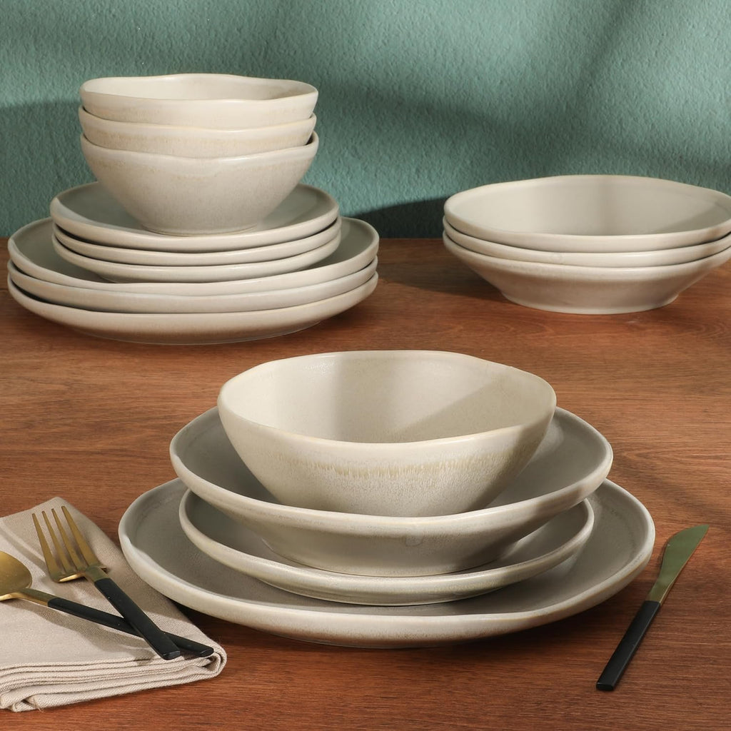 Gibson Elite Island Cove 16 Piece (Service for 4) Plates and Bowls Reactive Glaze Organic Round Dishes Stoneware Ceramic Dinnerware Set -Light Grey
