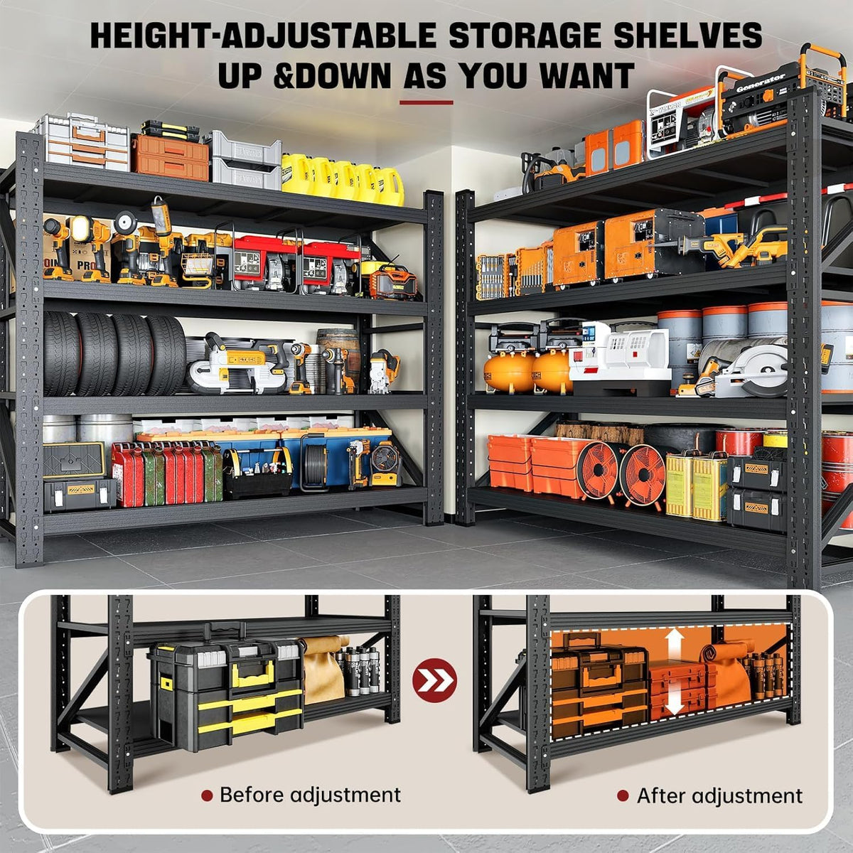 48" W Storage Shelves, 3000LBS Garage Shelving Heavy Duty Metal Adjustable Garage Shelves, Shelving Units Industrial Shelving for Warehouse, 48" W x 24" D x 69" H, Black