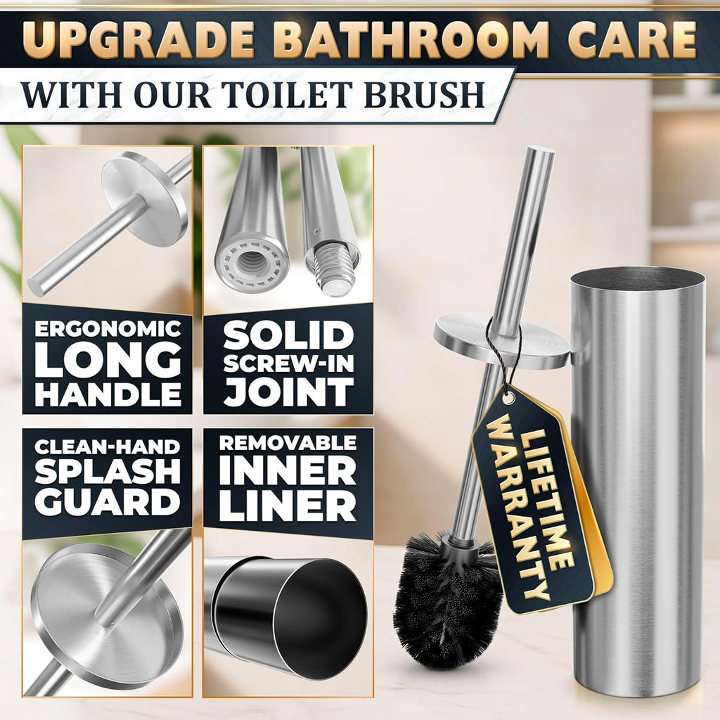 Stylish Stainless Steel Toilet Brush and Holder Set - Silver Toilet Bowl Brush and Holder with Splash Cover, Sturdy Bristles, Corrosion & Scratch Resistant - Elegant Design, Effective Deep Cleaning
