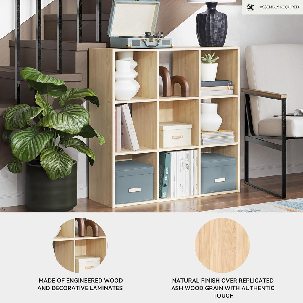 Signature Design by Ashley Piperton Contemporary 3-Tier Floor Standing 9 Cube Organizer for Living Room, Wood, Works with 10.5 W x 10.5 D x 11 H Storage Bin (Sold Separately), Light Brown