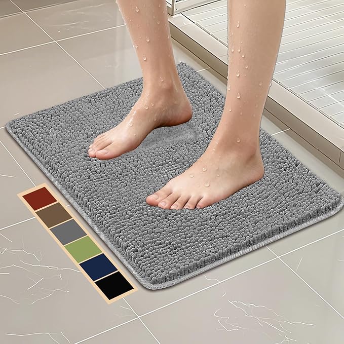 Bcoimo 24"×17" Absorbent Bath Mat, Non-Slip with Backing Chenille Bath Rug and Machine Washable Bathroom Mat Quick-Dry Design. Ideal for Bathroom and Tub Areas