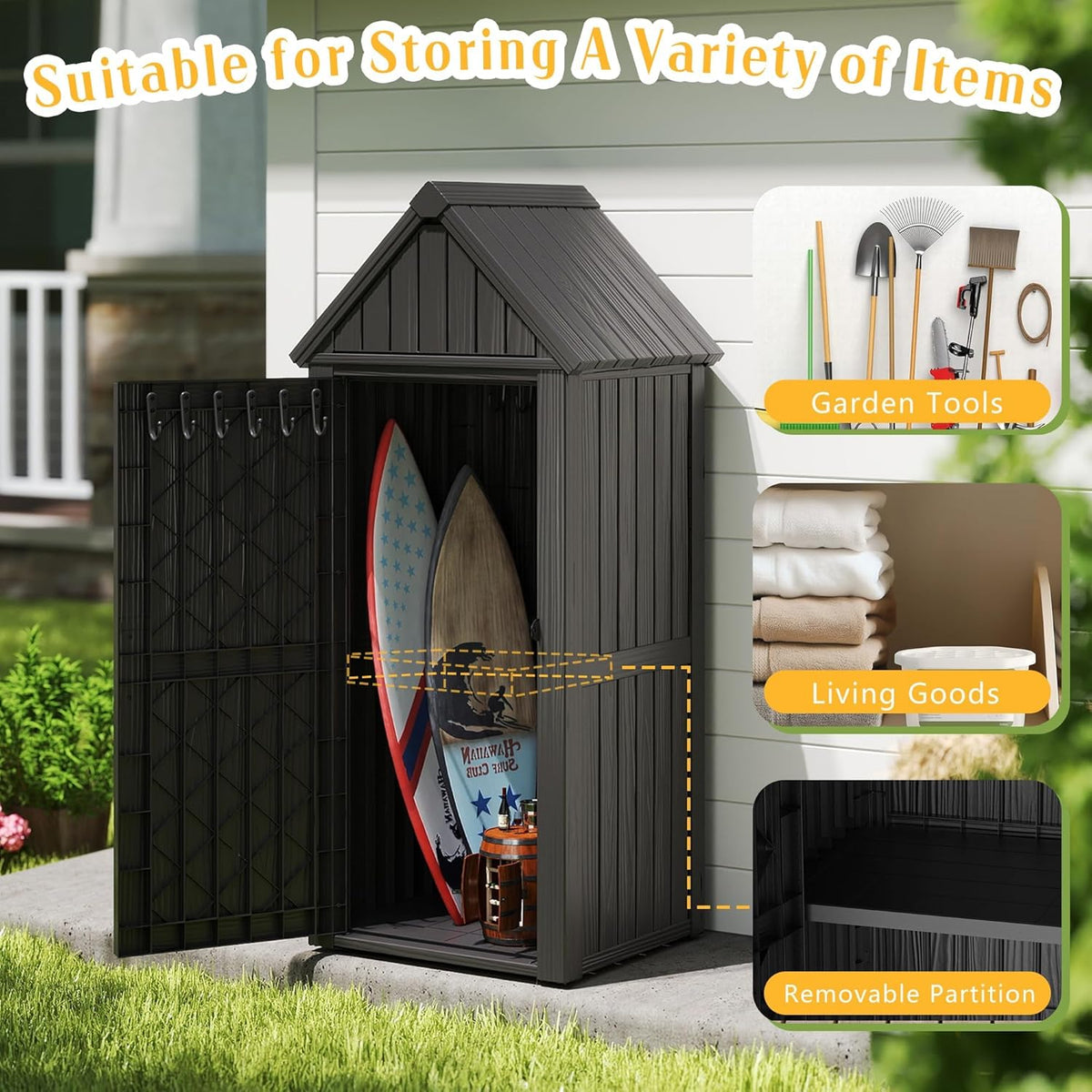 Storage Shed Outdoor,Waterproof Resin Garden Tool Shed, Heavy-Duty Weather-Resistant Cabinet for Patio, Backyard, or Garage (Deep Black)
