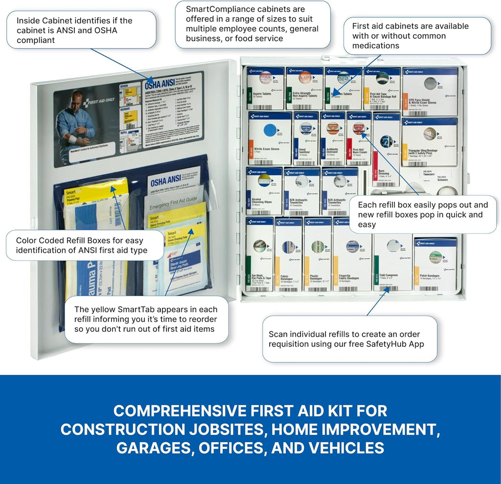 First Aid Only 746000 SmartCompliance 50-Person ANSI A+ and OSHA Compliant First Aid Kit for Business, Large Metal First Aid Cabinet with Medications, 241 Pieces