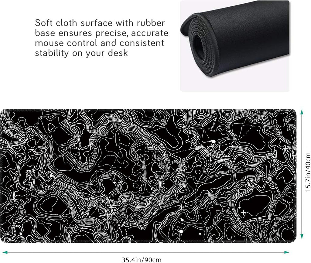 Black with White Topographic Line Large Mouse Pad,Gaming Keyboard Desk Pad,Extended Mouse Mat Non-Slip Rubber Base with Stitched Edges for Office Game Home XXL 35.4"x15.7"