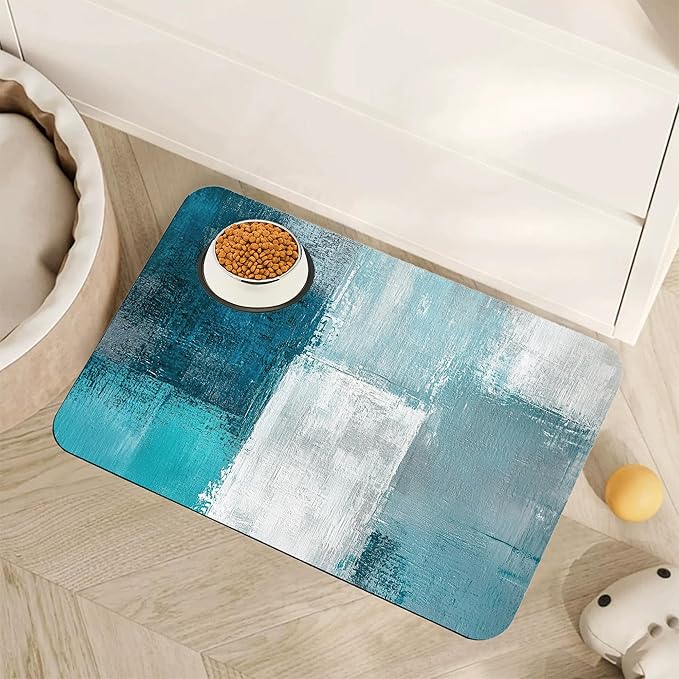 Turquoise Grey Dog Cat Food Mat,Teal Modern Art Absorbent Pet Feeding Mat for Food and Water,Non-Slip Dog Bowl Mats Floor Protector 12"x20"