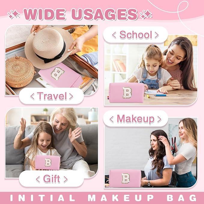 Small Personalized Initial A-Z Patch Makeup Bag,Pink Cute PU Leather Glitter Letter Cosmetic Bag for Teen Girls,Travel Toiletry Bag with Zipper,Preppy Monogrammed Birthday Gift for Daughter Niece B