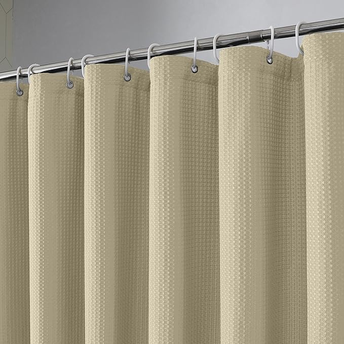 OVZME Long Fabric Shower Curtain Set, Waffle Textured Shower Curtain for Bathroom - Weight 230GSM Heavy Duty Hotel Spa Luxury Bath Curtain Set with 12 Plastic Hooks, 72Wx78L, Taupe
