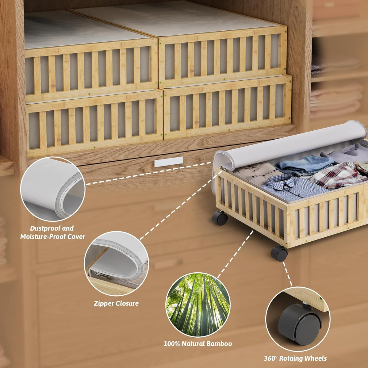 Bamboo Under Bed Storage Containers with Wheels, 2 Pack Under the Bed Shoe Storage Bins, Wood Rolling Underbed Drawers with Bag Organizer for Bedroom, Sheets Clothes Blanket Comforter, Under Crib Toy