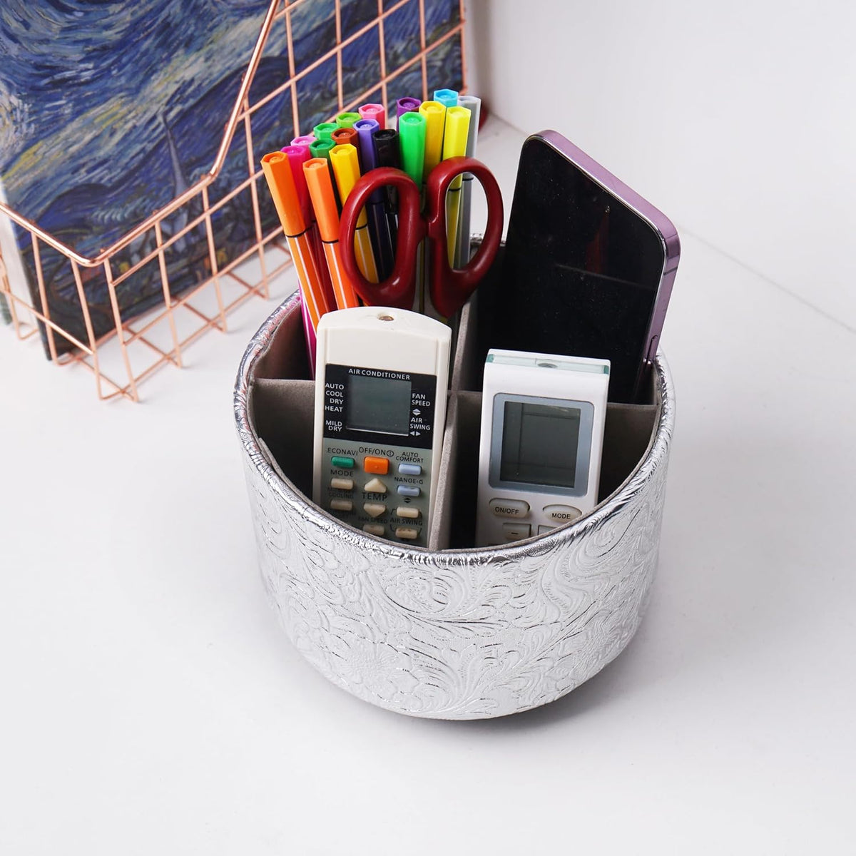lizimandu Round Leather Art Supply Organizer,Remote Control Holder,360 Degree Spinning,Multi-Functional Pencil Holder,4 Compartments Desktop Stationary Organizer(1-Carved Silver)