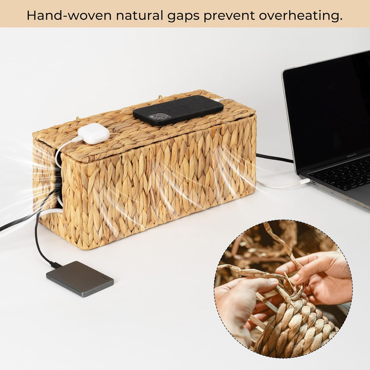 StorageWorks Large Cable Management Box, 2 Slots Wicker Cable Organizer to Hide Cords and Power Strip, Water Hyacinth Cord Hider Box for Home & Office