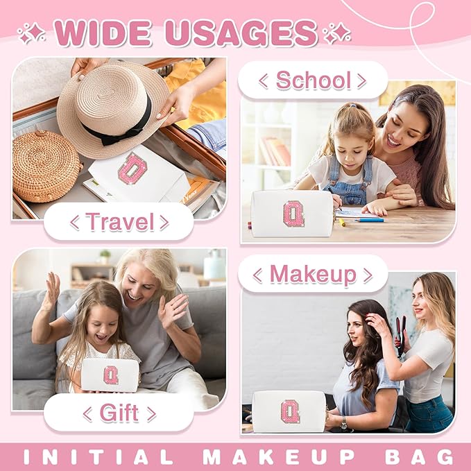 Small Initial Patch Makeup Bag Personalized Gifts Make Up Bag,White Cute PU Leather Glitter Letter Cosmetic Bag with Zipper,Trendy Portable Travel Toiletry Pouch,Preppy Stuff for Teen Girls Women Q