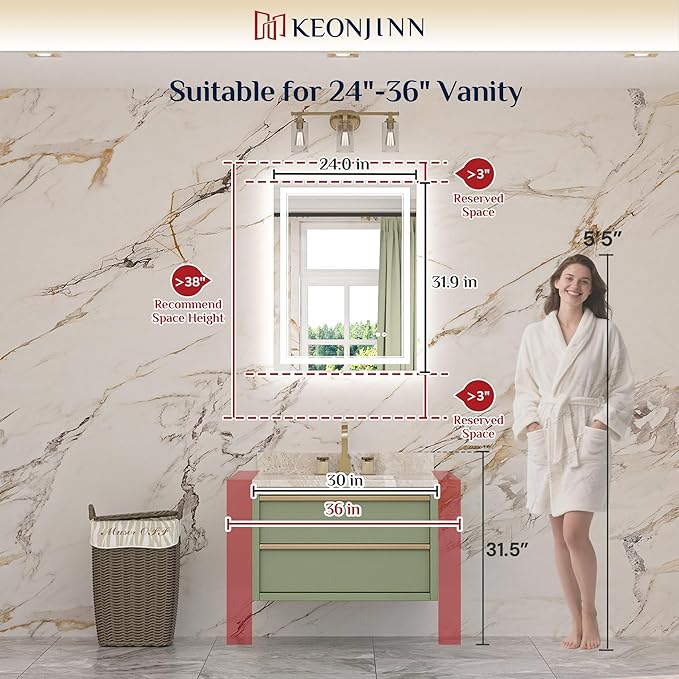 Keonjinn LED Mirror 24 x 32 Inch, Lighted Bathroom Vanity Mirror