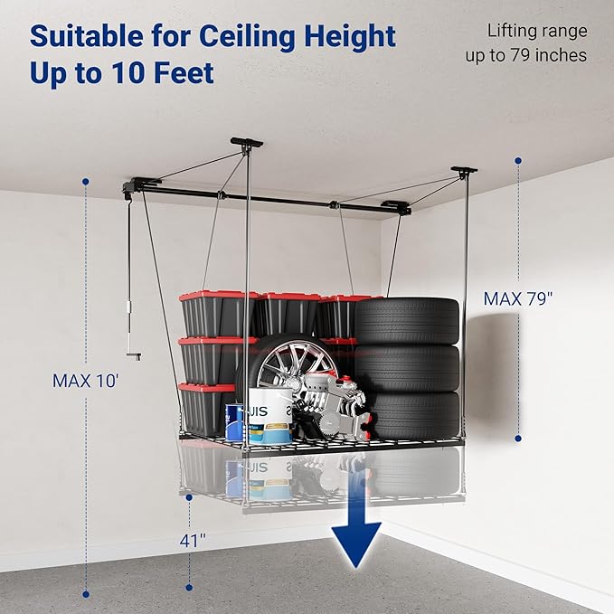 FLEXIMOUNTS GL1 Overhead Garage Lifting Storage Rack, 4x4 Ft Heavy-Duty Metal