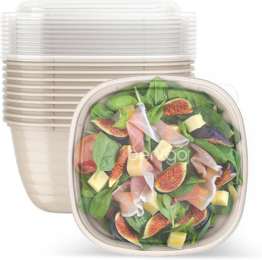 Bentgo Prep - 1-Compartment Bowls with Custom-Fit Lids - Reusable, Microwave Safe, Durable, PFAS & BPA-Free, Freezer & Dishwasher Safe Meal Prep Food Storage - 10 Bowls & 10 Lids (White Stone Tan)