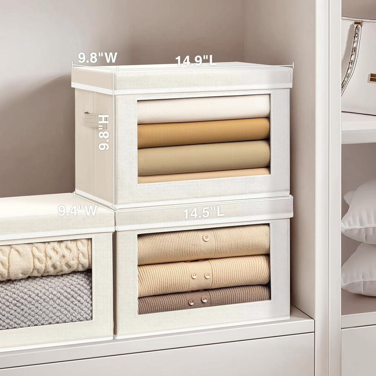 Fabric Storage Bins with Lids, Storage Cubes with Window, Decorative Storage Boxes Baskets for Organizing, Closet Organizer Storage Bins for Home, Office, 3 Packs, Beige