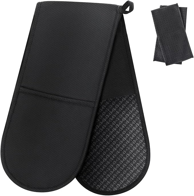 Philorn Black Double Oven Mitts，Heat Resistant 260℃ Waterproof Silicone Glove Kitchen Gloves Oven Extra Long Oven Mitts with Non-Slip Silicone Surface for Baking, Cooking, BBQ