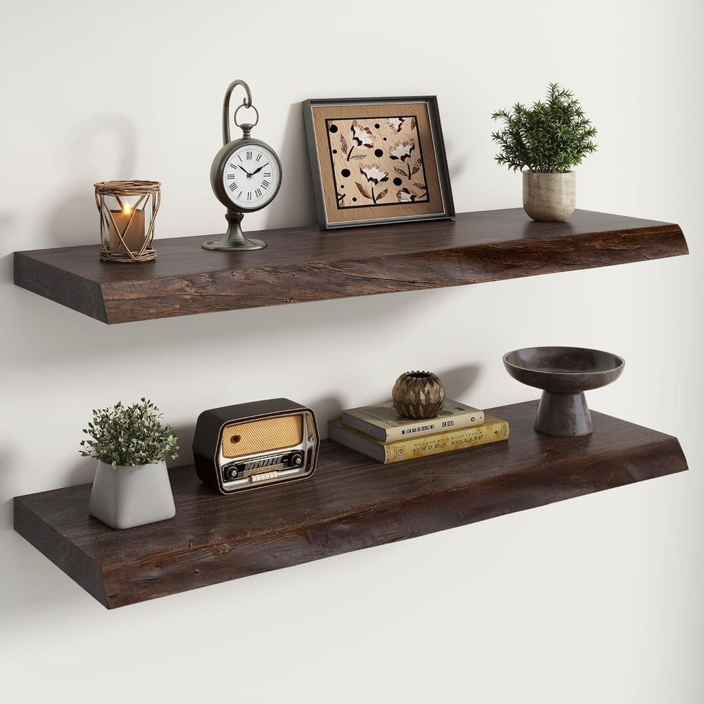 Live Edge Elm Floating Shelves For Wall - 36" W x 9.3" D Rustic Solid Wood Shelves with Invisible Bracket, Wall-Mounted Storage & Display Shelf for Living Room Bedroom Kitchen, Set of 2, Walnut