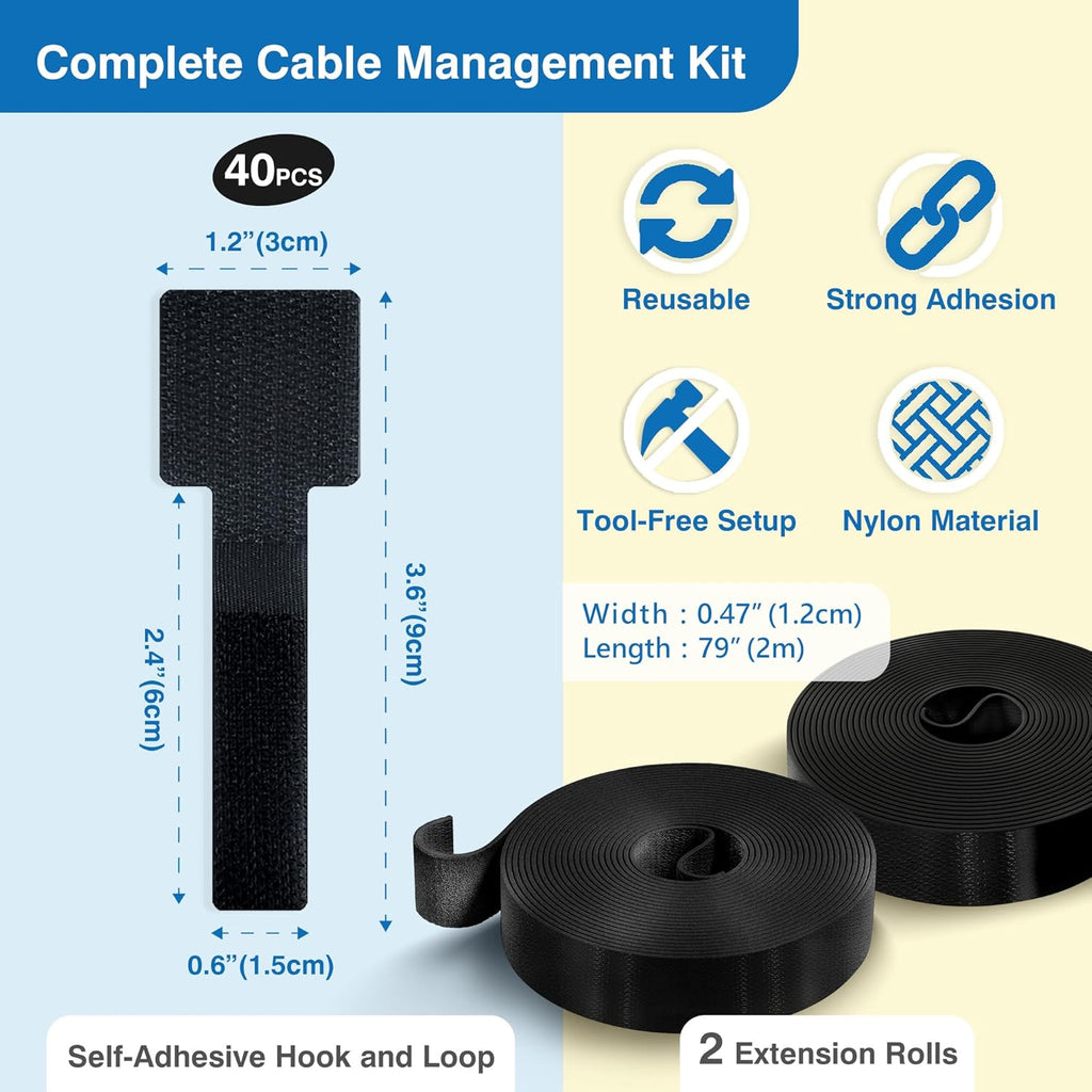 Cable Management Kit – 40 Self-Adhesive Hook and Loop Ties with 2 Extension Straps – Made with 3M Tape, Back-Sticky Cord Organizer for Under Desk, Wall, Home, Office – Adjustable Wire Holders (Black)