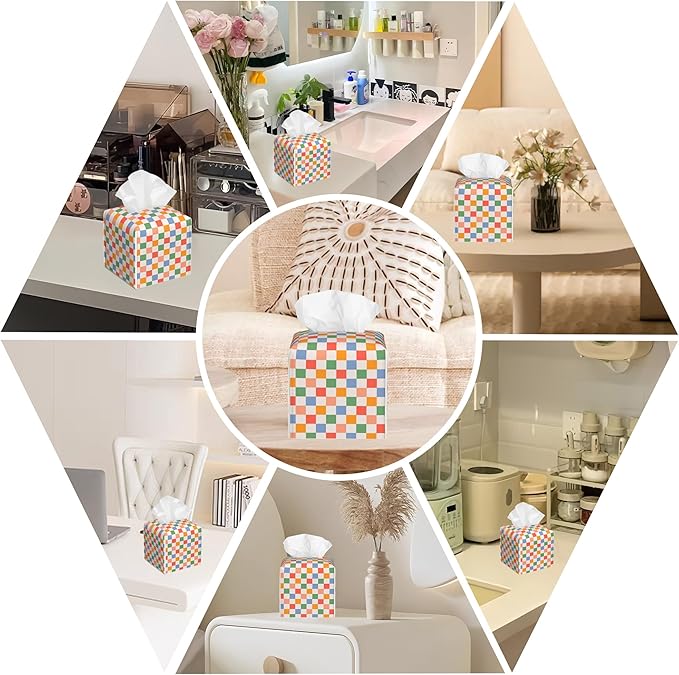Retro Leather Tissue Box Holder Colorful Checkerboard Tissue Box Cover Facial Paper Case Organizer Cube Napkin Dispenser for Bathroom Vanity Countertop Night Stand Office Car