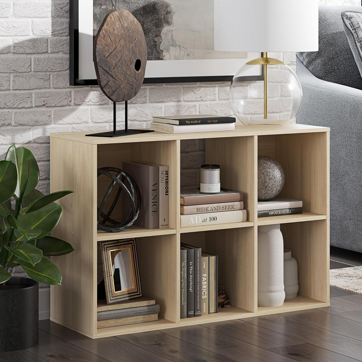 Signature Design by Ashley Piperton 3-Tier Floor Standing 6 Cube Organizer for Living Room, Wood, Works with 10.5" W x 10.5" D x 11" H Storage Bin (Sold Separately), Light Brown