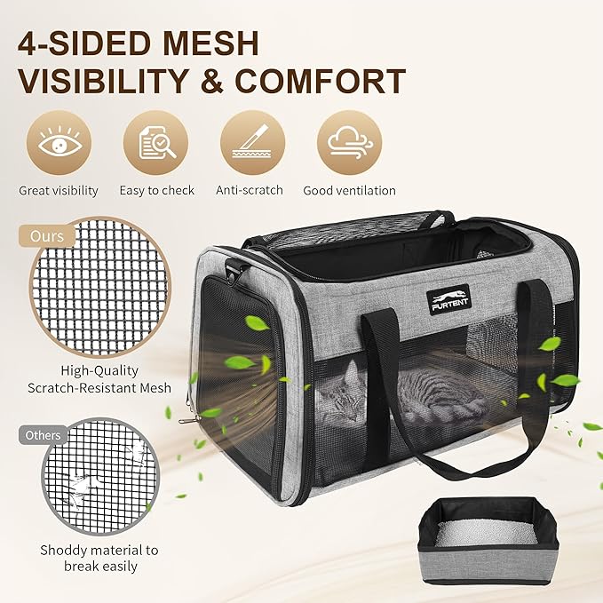 TSA Approved Pet Carrier for Small Cats and Puppies, Soft-Sided and Foldable, Cat and Dog Carrier Fits Pets Up to 15 lbs, Durable Portable Travel Bag with Litter Box, Dark Gray