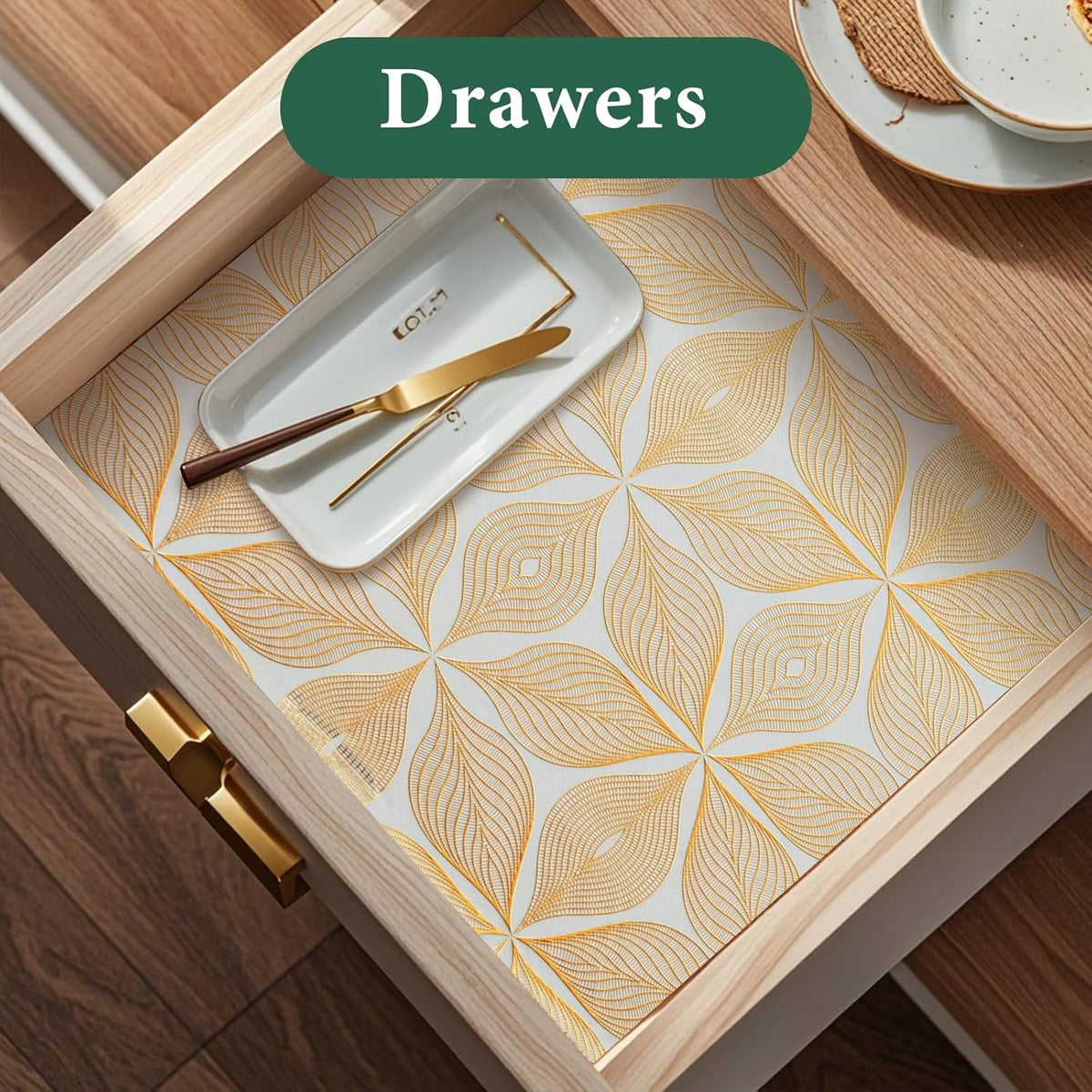 3D Drawer and Shelf Liner for Kitchen Cabinet: 17 in X 30 Ft Waterproof Shelf Paper Non Adhesive Refrigerator Liners Golden Leaf Easy Liners for Bathroom with Knife Tape Measure