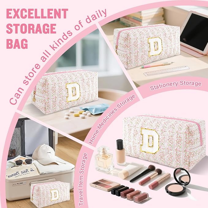 Personalized Quilted Cosmetic Bag, Puffy Monogrammed Christmas Birthday Gifts for Women & Girls, Cute initial Floral Makeup Bag Puffer Coquette Bag, Aesthetic Travel Toiletry Zipper Pouch(Pink,D)