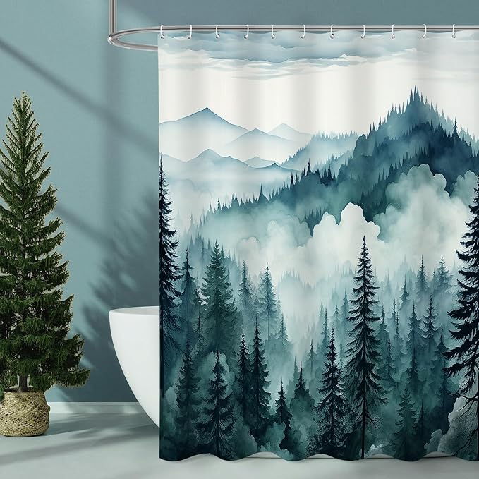Litabel Peacock Blue Extra Long Misty Pine Forest Shower Curtain 72 x 84, XL Mountain Foggy Woodland Scenery Tree Shower Curtains for Bathroom, Abstract Waterproof Nature-Themed Decor