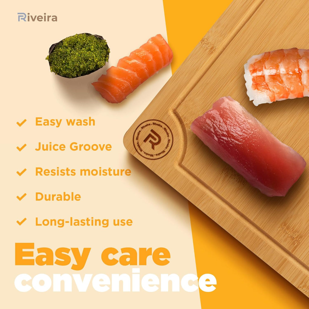 Riveira Wood Cutting Board – Gourmet Bamboo Grandeur: 15 x 10 Inches Wooden Cutting Boards For Kitchen – Natural Cutting Boards For Kitchen – Innovative Juice Grooves Non Toxic Cutting Board