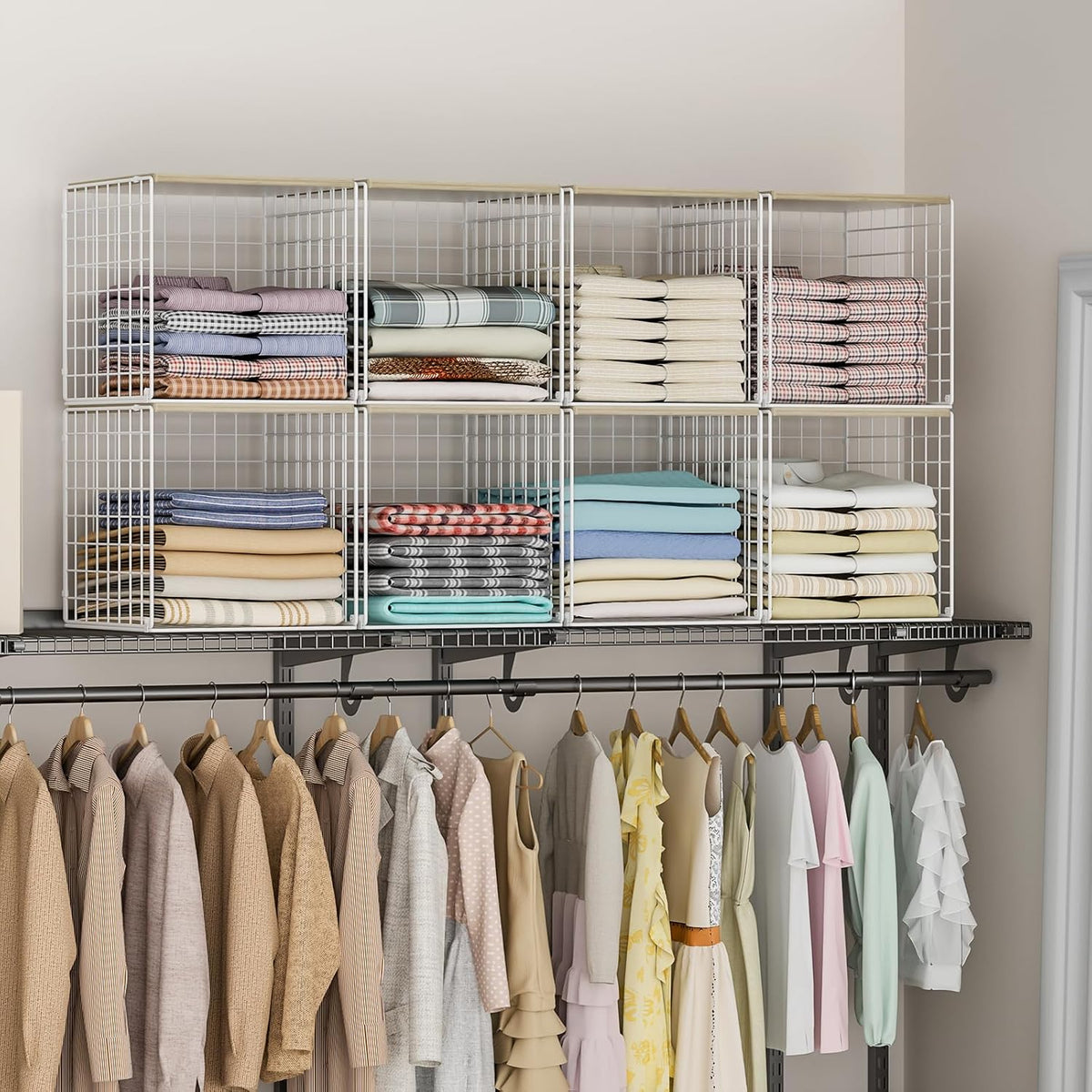 3PCS Stackable Closet Organizers and Storage, Closet Shelves with Wood Top Extra Storage, Clothes Storage Organizer Basket Bin/Cube for Home Wardrobe Organization(White-Sturdy Metal) Patent Pending