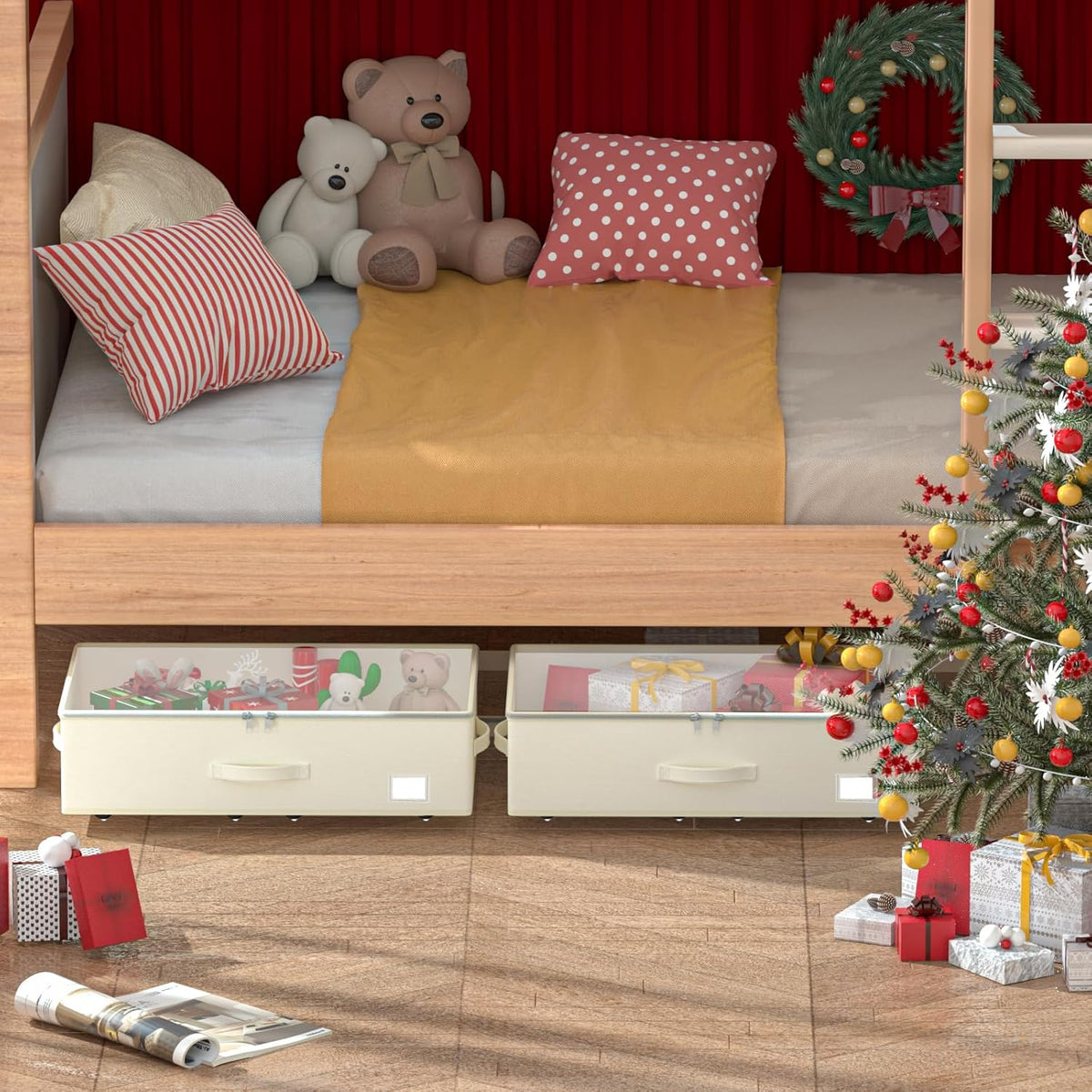 Under Bed Storage with Wheels, No Assemble Required 10 inches height Under Bed Storage bins,Large capacity Rolling Under bed Shoe Storage containers，dorm under bed storage drawers