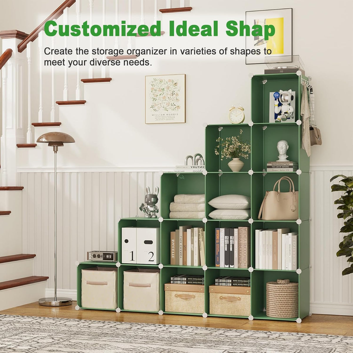 C&AHOME Cube Storage Organizer, 16-Cube Shelves Units, Plastic Storage Cubes, DIY Closet Organizer, Modular Closet Storage Shelves Ideal for Home, Bedroom, 48.4" L × 12.4" W × 48.4" H Green UPCS16GN
