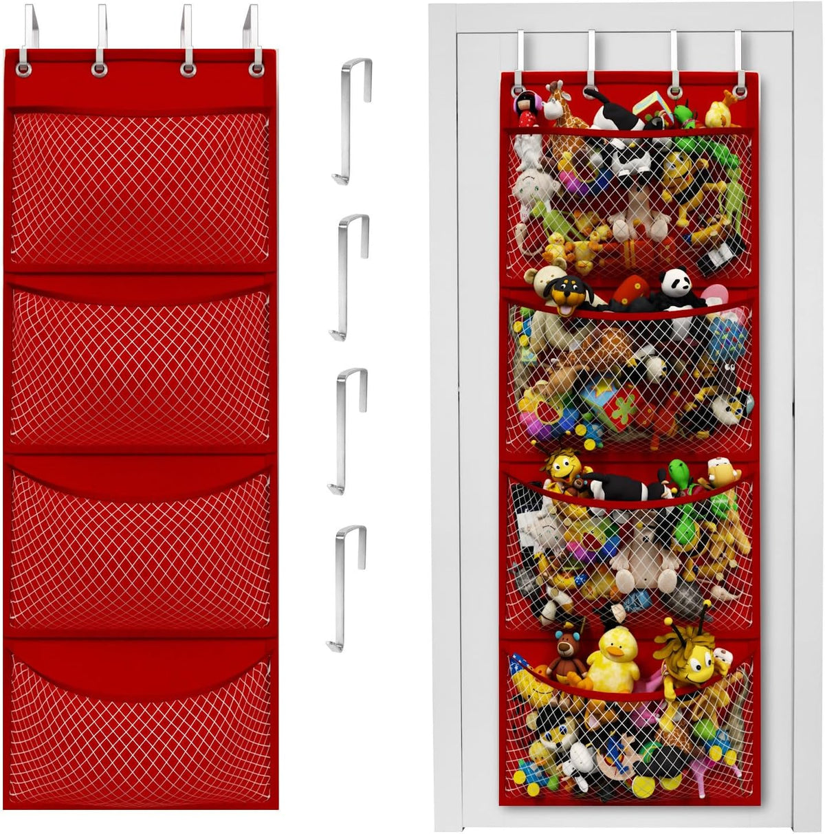 Honeyera Storage for Stuffed Animal - Over Door Organizer for Stuffies, Baby Accessories, and Toy Plush organizer/Easy Installation with Breathable Hanging Storage Pockets (SuperHero Red)