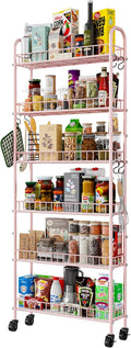 6 Tier Slim Rolling Storage Cart with Wheels, Metal Mobile Shelving Unit Organizer Utility Cart for Office Bathroom Kitchen Laundry Room Narrow Places (Pink 6 Inches)