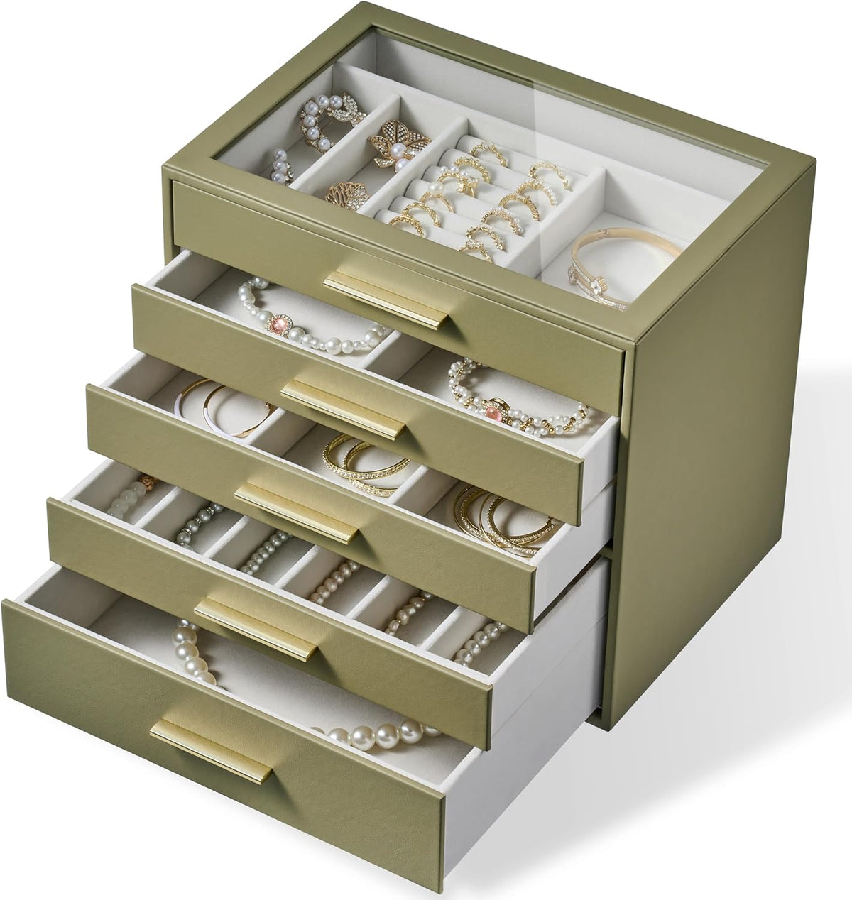 Jewelry Box Organizer Case for Women: 5-Layer Jewelry Storage Case with Glass Window, Olive Green Leather with Cream Velvet, Holder for Ring Necklace Bracelet Brooch Watch, Great Gift for Her