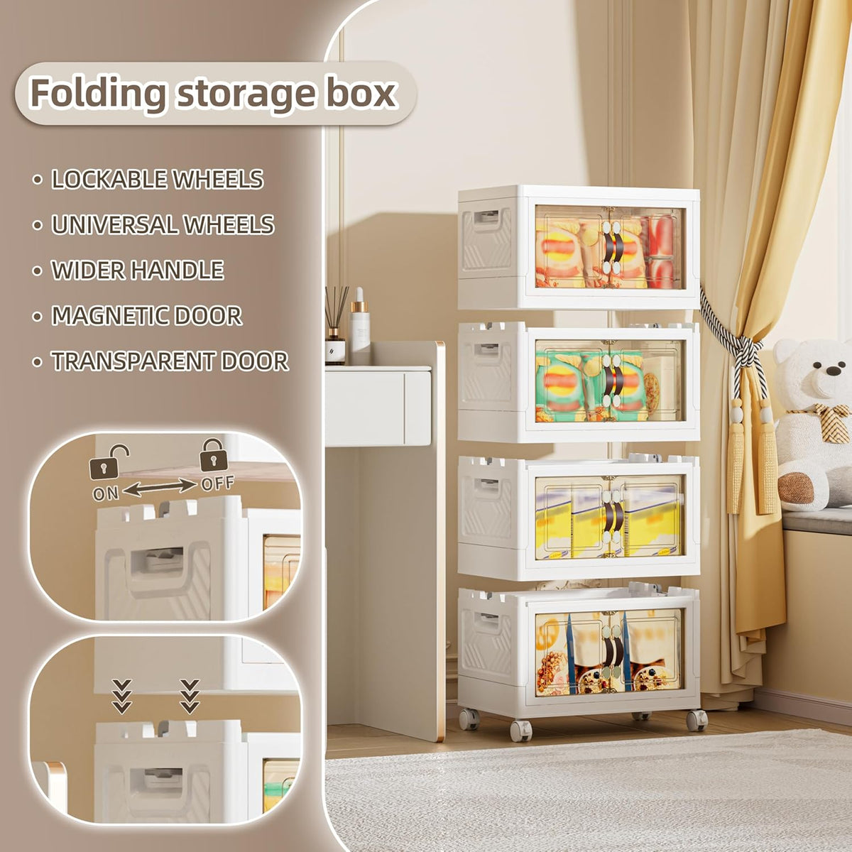 104 QT / 26 Gal Multi-Purpose Stackable Storage Cabinet: Double Magnetic Doors, Foldable, Wheels Included, Leather Handles - Ideal for Pantry, Laundry Room, Dorm