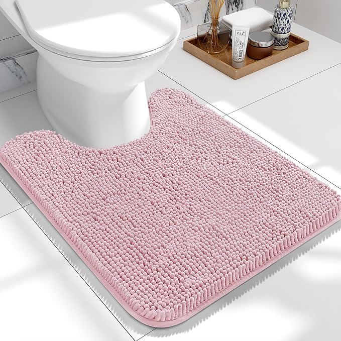 OLANLY Toilet Rugs U-Shaped 24x20, Extra Soft Absorbent Chenille Contour Bathroom Rugs for Toilet, Dry Quickly, Machine Washable, Non-Slip Bath Mat, Dusty Rose