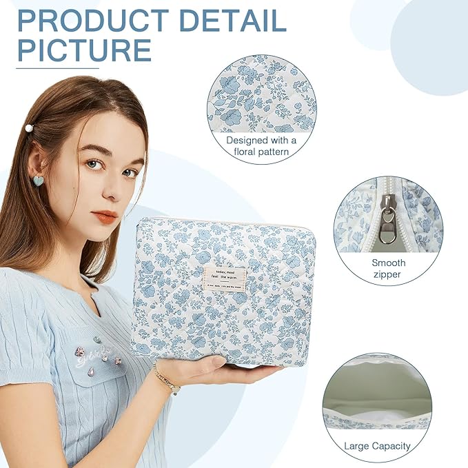 Floral Makeup Bag, Large Cosmetic Bag for Women Girls, Cute Cotton Make up Pouch, Quilted Makeup Bags, Flower Travel Toiletry Organizer Bag(Blue Floral)