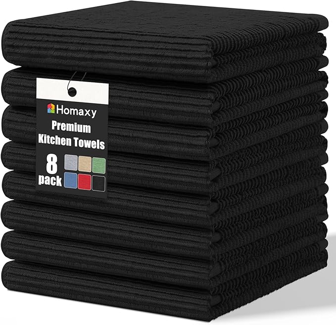 Homaxy Premium Kitchen Towels (18"x 28", 8 Pack), Large 100% Cotton Kitchen Hand Towels, Ultra Absorbent Ribbed Terry Tea Towels Set with Hanging Loop, Black