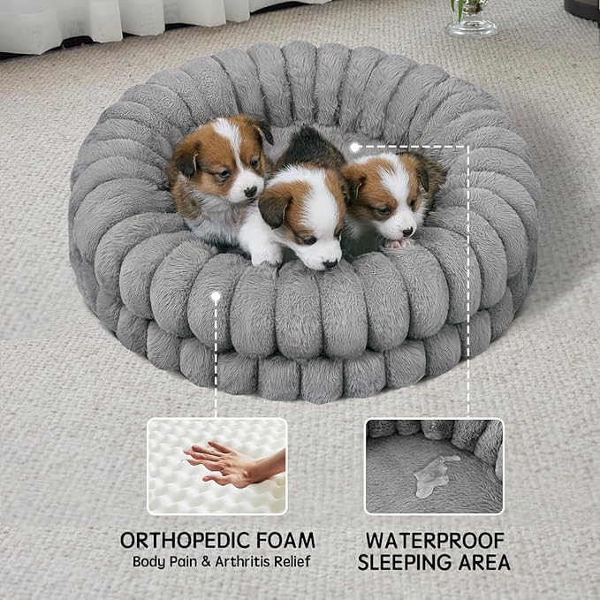 BALANCE Luxury Donut Dog Bed, 23 Inches Round Dog Beds for Small Dogs Washable, Orthopedic Calming Pet Bed for Puppy and Cats with Anti-Slip Bottom, Gray
