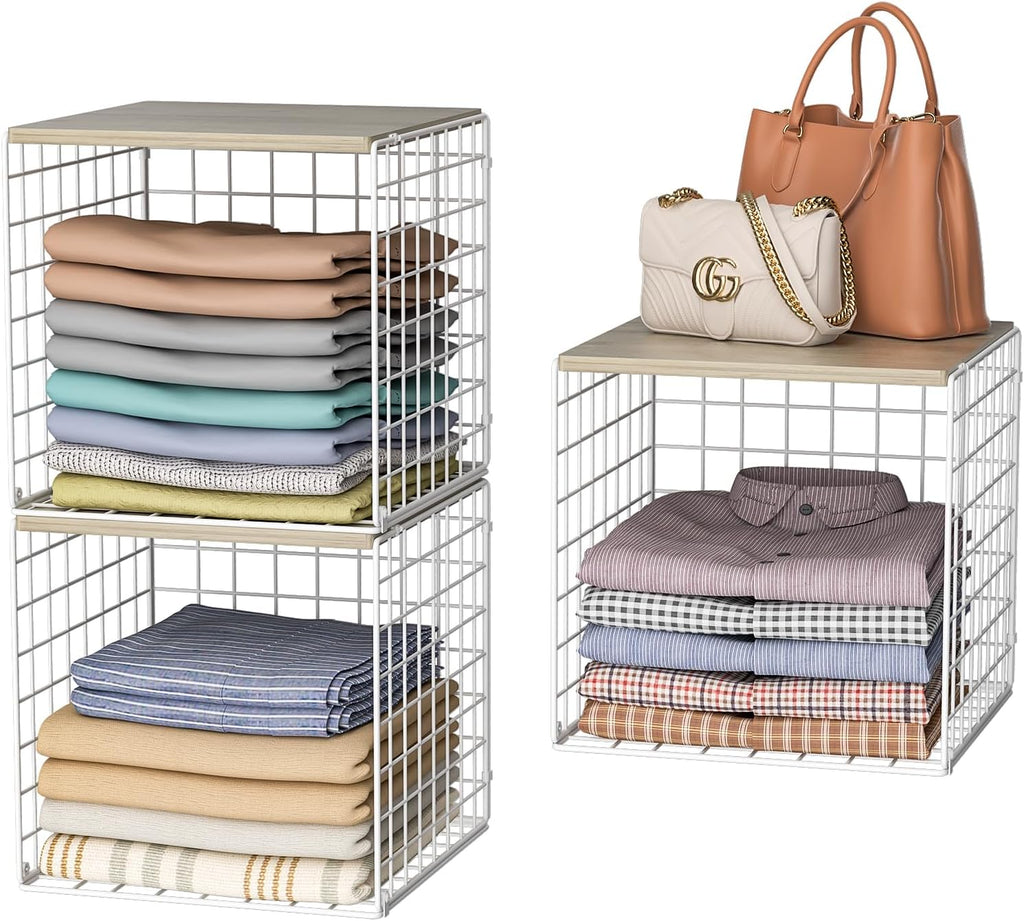 3PCS Stackable Closet Organizers and Storage, Closet Shelves with Wood Top Extra Storage, Clothes Storage Organizer Basket Bin/Cube for Home Wardrobe Organization(White-Sturdy Metal) Patent Pending