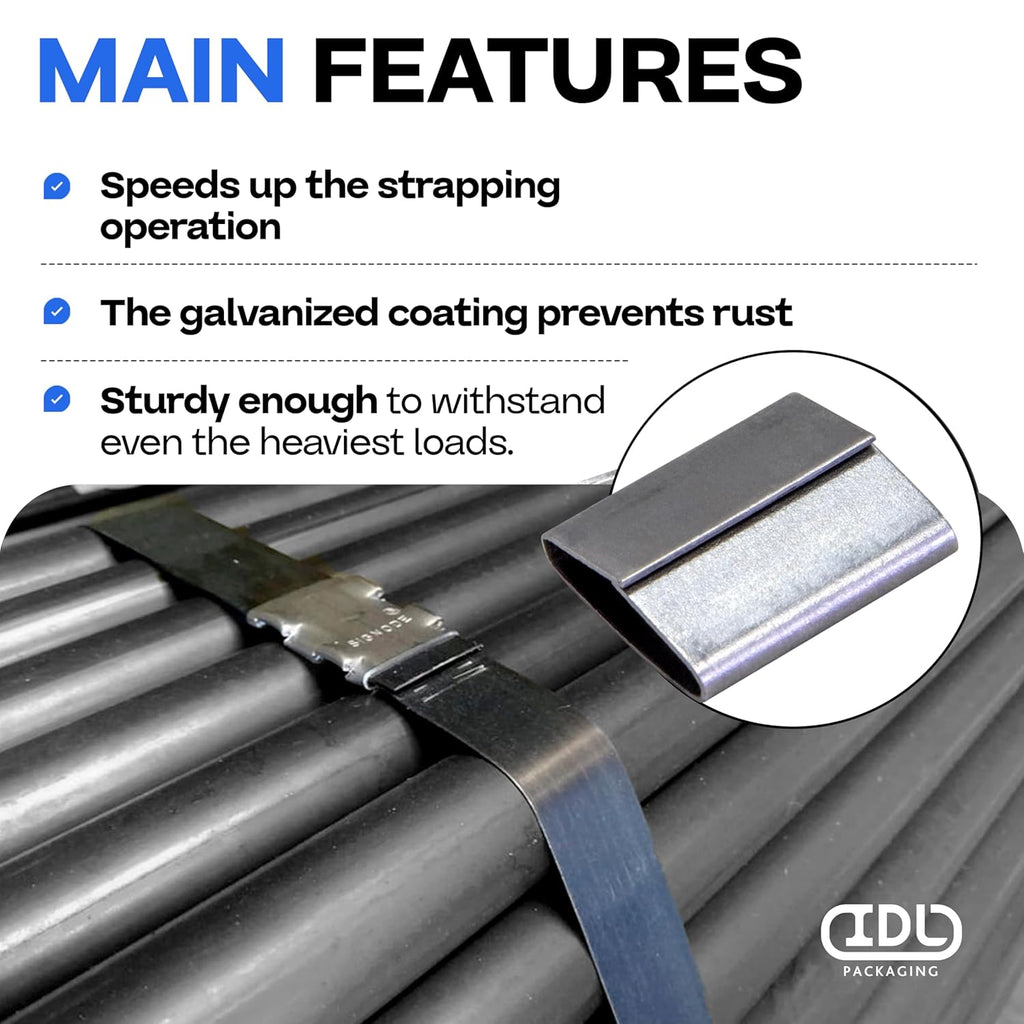 IDL Packaging 3/4" Closed (Push Type) Seals for Steel Strapping, Pack of 250 - USA-Made Sturdy Metal Clips for Securing Heavy Packaging & Pallet Banding - Superior Holding Power for Steel Banding Jobs