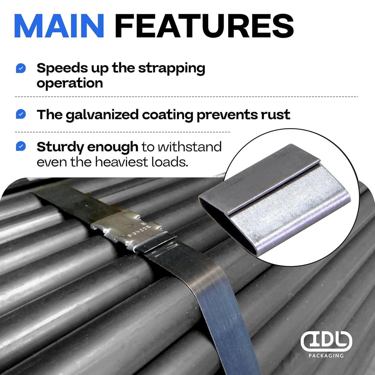 IDL Packaging 3/4" Closed (Push Type) Seals for Steel Strapping, Pack of 250 - USA-Made Sturdy Metal Clips for Securing Heavy Packaging & Pallet Banding - Superior Holding Power for Steel Banding Jobs
