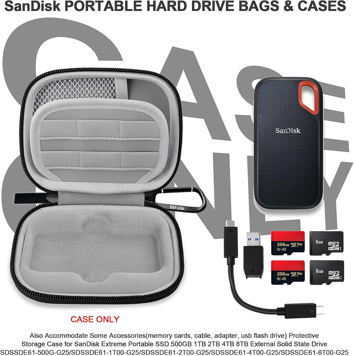 Hard Case for SanDisk Extreme Portable SSD 500GB 1TB 2TB 4TB 8TB External Solid State Drive Case -Custom-Insert Shockproof Protective Storage Travel Bag for SSD Sd Card Holder (Gray)