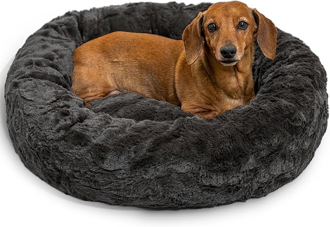 Best Friends by Sheri Original Calming Donut Dog and Cat Bed, Lux Faux Fur, Mink Dark Gray, (23in x 23in) - Anxiety Relief for Pets Up to 25 lbs
