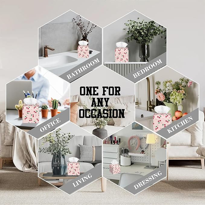 OHEGBXE Pink Polka Dot Tissue Box Holder Cherries with Blossoms Square Leather Tissue Box Cover Modern Cube Facial Paper Cover Case for Bathroom Vanity Countertop Night Stands Tabletop