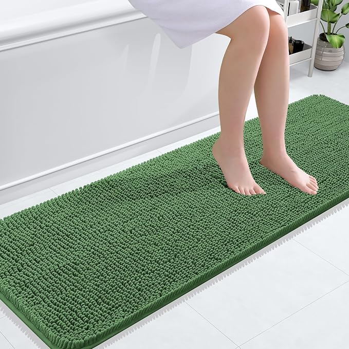 OLANLY Bathroom Rugs 59x20, Extra Soft Absorbent Chenille Bath Rugs, Rubber Backing Quick Dry, Machine Washable Bath Mats for Bathroom Floor, Tub and Shower, Home Decor Accessories, Olive Green
